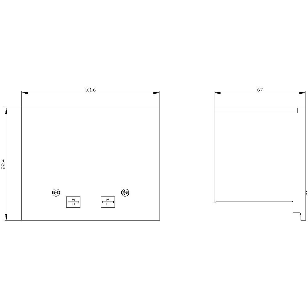 'Dessin technique d'une forme de plaque. À gauche : Vue de face avec deux points de fixation, hauteur de 82,1 mm, largeur de 101,6 mm. À droite : Vue latérale, profondeur de 67 mm.'
