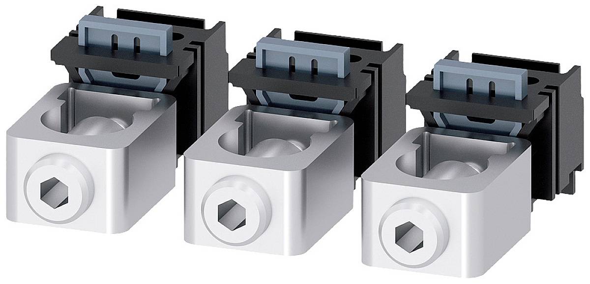 Trois bornes de connexion électriques argentées côte à côte, chacune équipée d'un insert bleu et d'un cadre noir.