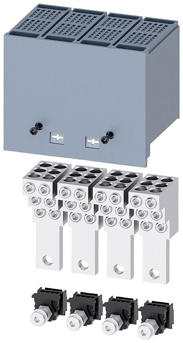 Composants métalliques et électriques dans un agencement technique, comprenant un boîtier bleu et plusieurs bornes et fixations.