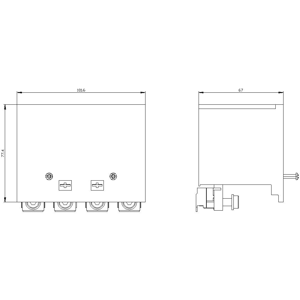 Dessin technique d'un dispositif rectangulaire avec vue de face et vue latérale, dimensions et points de connexion, probablement un composant électrique.
