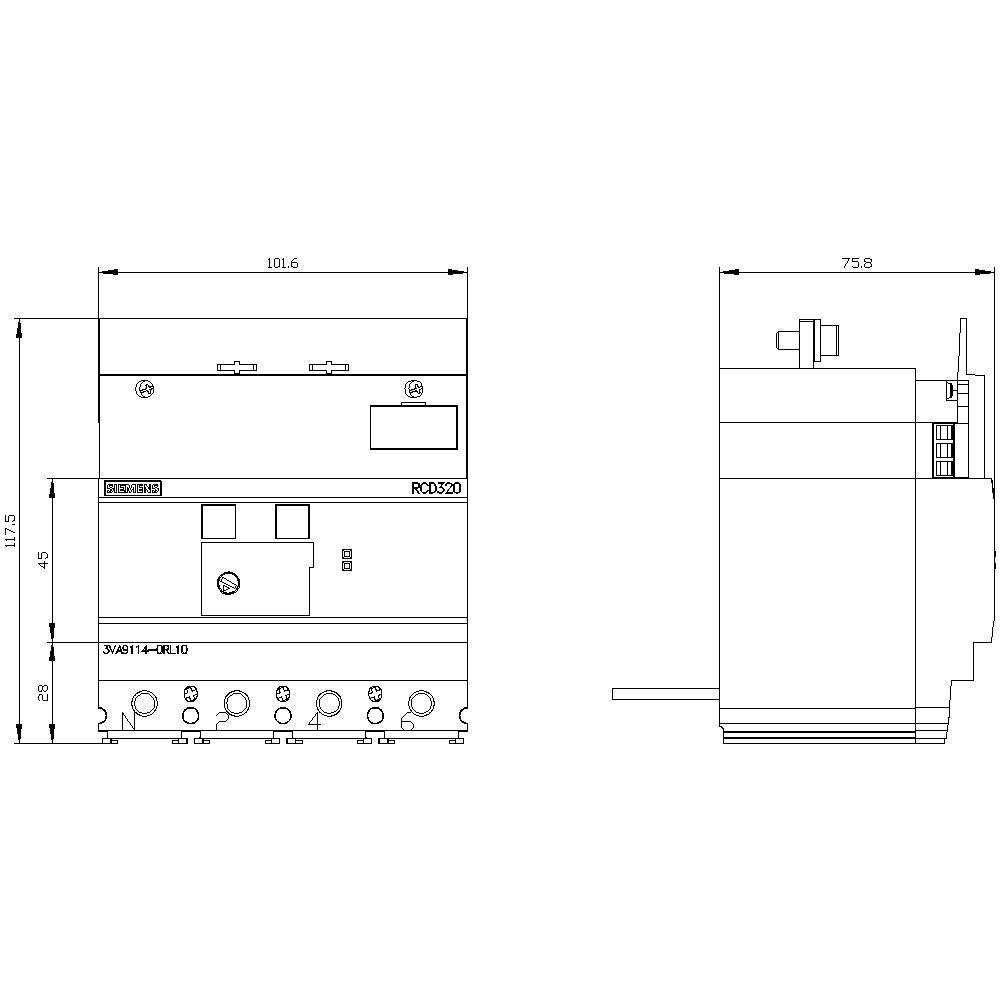 Dessin technique d'un dispositif électromécanique avec vue de face et vue latérale. Dimensions : largeur 101,6 mm, hauteur 117,5 mm, profondeur 75,8 mm.