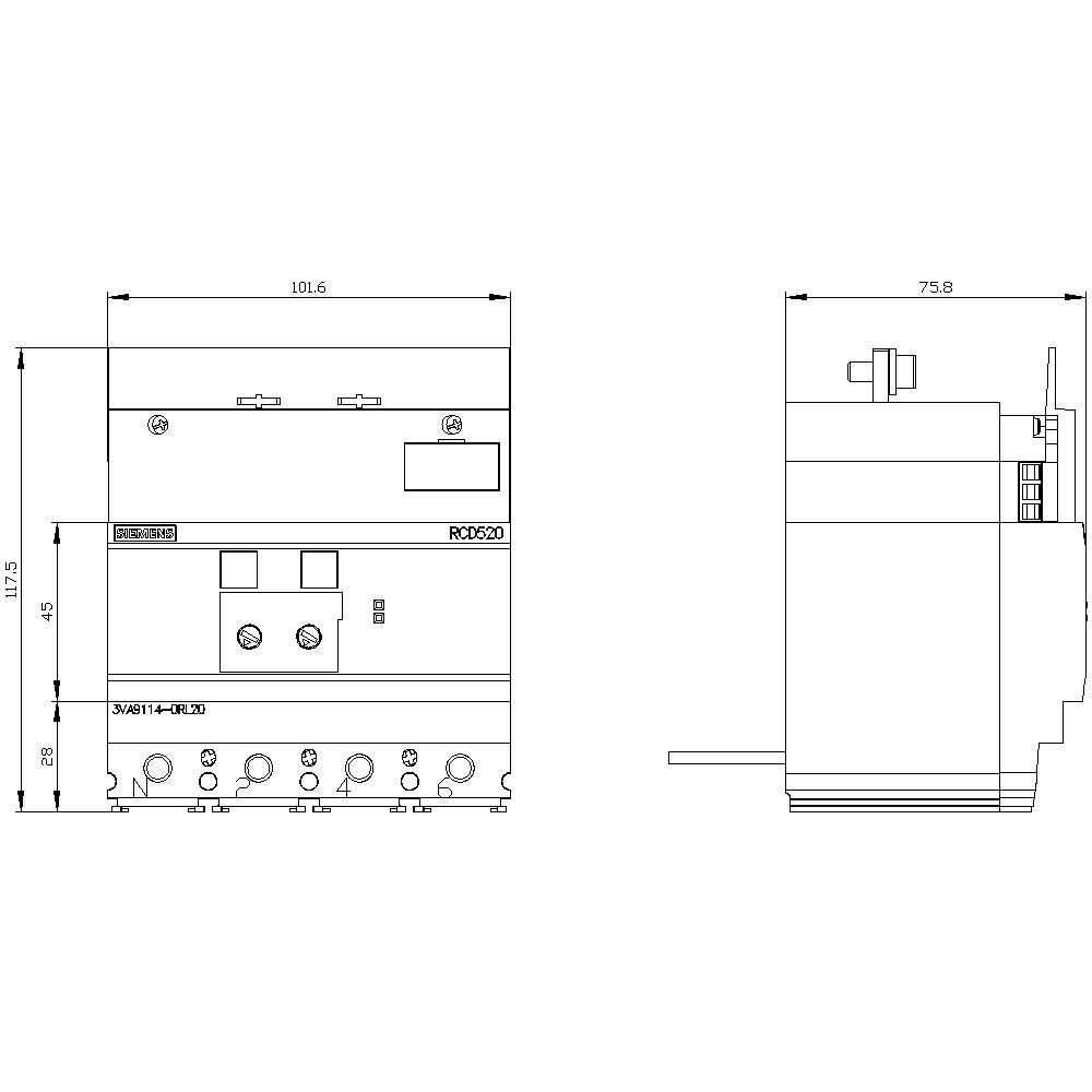 Dessin technique d'un appareil avec dimensions : largeur 101,6 mm, profondeur 75,8 mm, hauteur 117,5 mm. Vue de face et vue latérale.