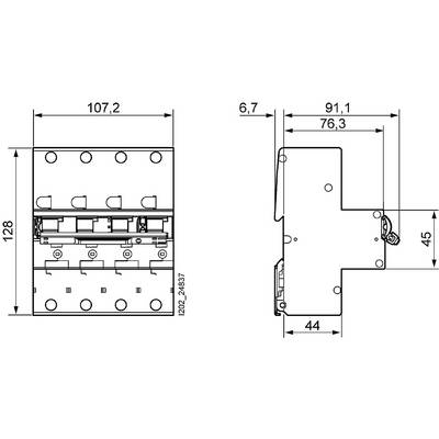 'Dessin technique d'un interrupteur électrique avec dimensions : largeur de 107,2 mm, hauteur de 128 mm. Vue latérale montrant une profondeur de 91,1 mm et une hauteur de 45 mm.'