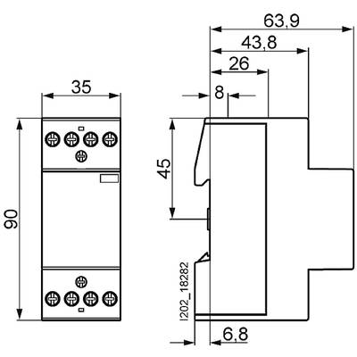 Dessin d'un appareil électrique avec dimensions : largeur 35 mm, hauteur 90 mm, profondeur 63,9 mm. Vue latérale montrant les connexions et la forme de montage.