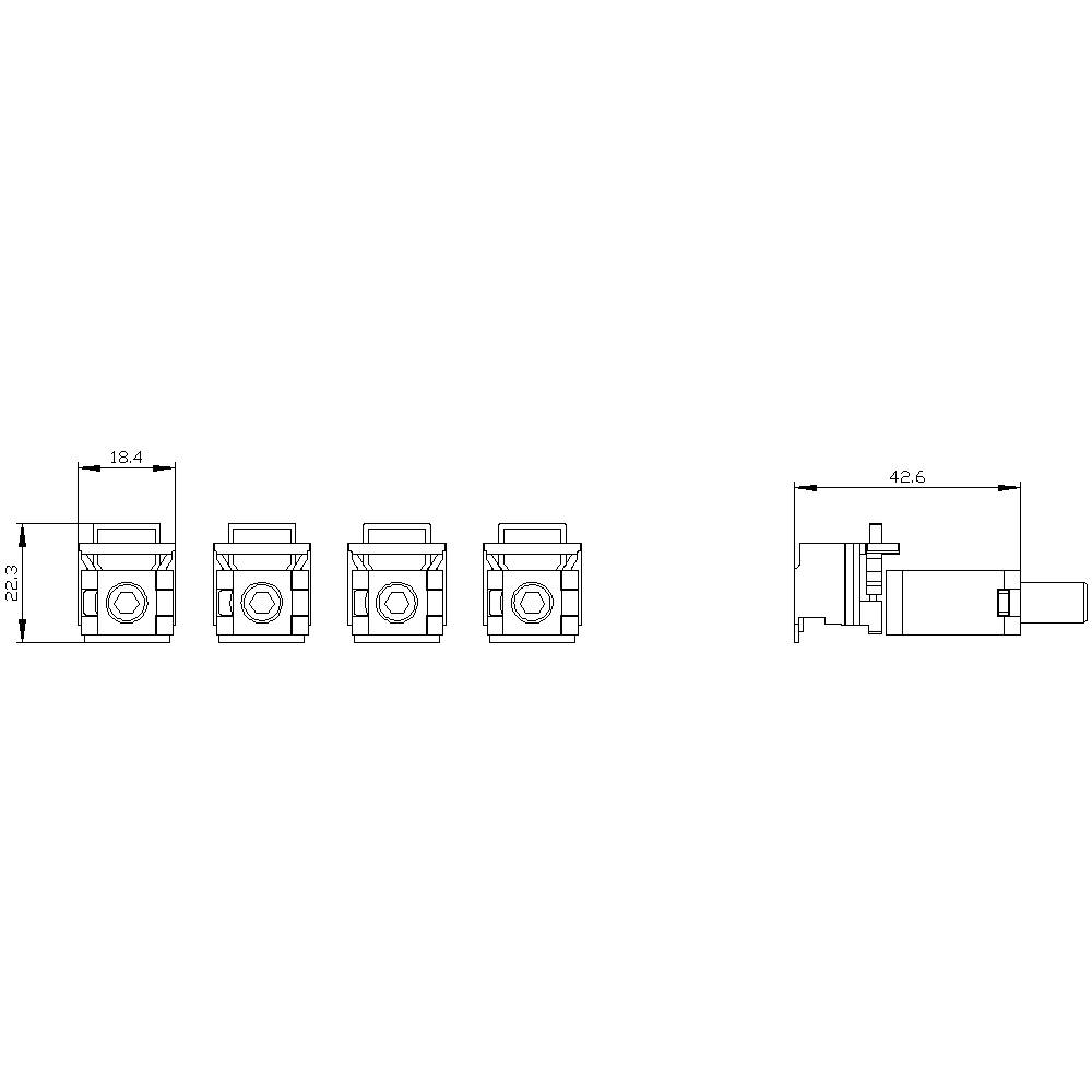 Dessin technique de quatre interrupteurs en ligne avec dimensions. Largeur de 18,4 mm, hauteur de 23,2 mm, profondeur en vue latérale de 42,6 mm.