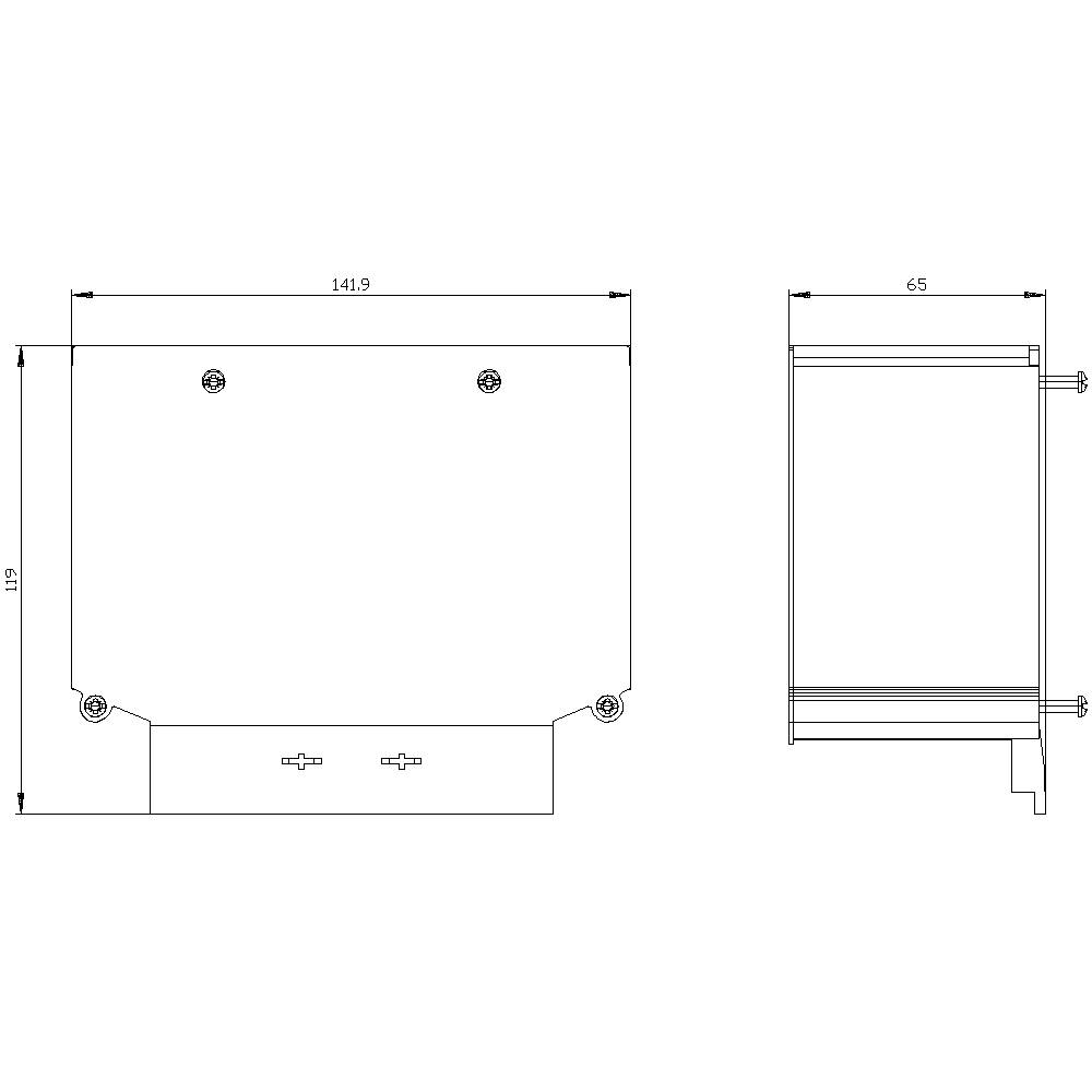 Dessin technique d'un appareil rectangulaire avec les dimensions suivantes : 141,9 mm de large, 119 mm de haut et 65 mm de profondeur. Vue de face et de côté.