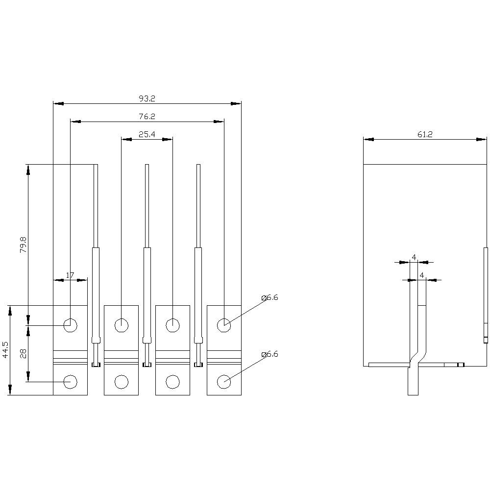Dessin technique d'un connecteur électrique avec des dimensions et des dispositions spécifiques. Vue de face à gauche, vue latérale à droite.