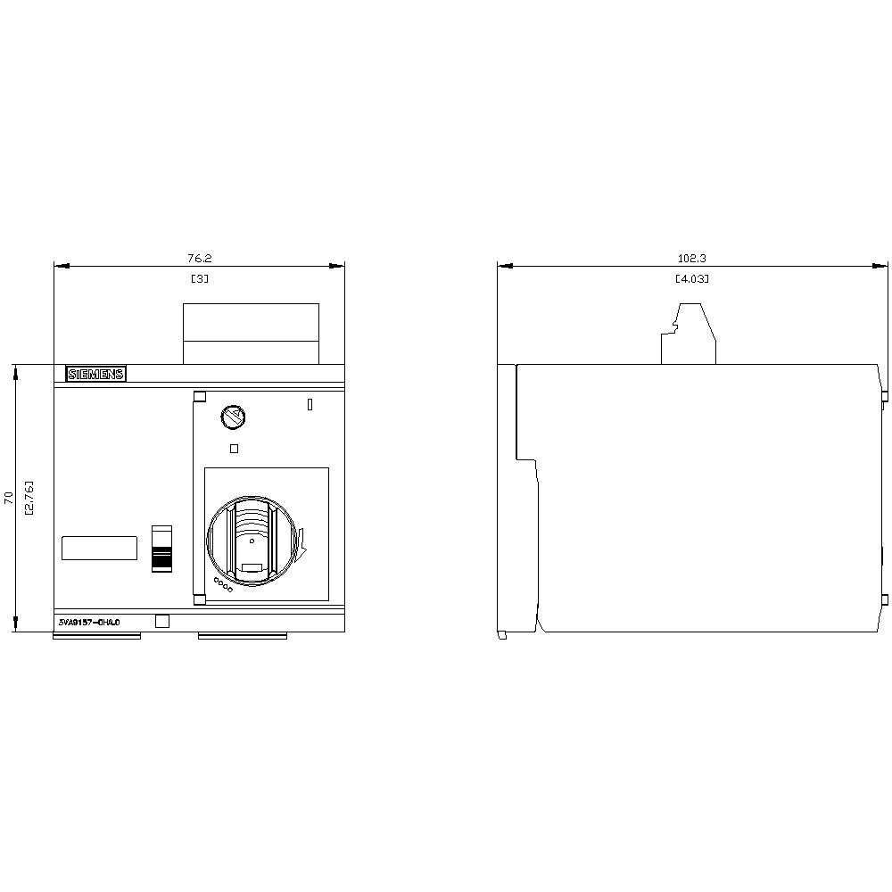 Dessin technique d'un appareil carré avec dimensions. Vue de face à gauche avec interrupteur, vue latérale à droite. Dimensions : 76,2 mm de largeur, 100,3 mm de profondeur.