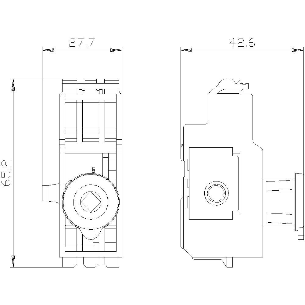 Dessin technique d'un composant électrique avec dimensions : à gauche 65,2 mm de hauteur, 27,7 mm de largeur ; à droite 42,6 mm de longueur.