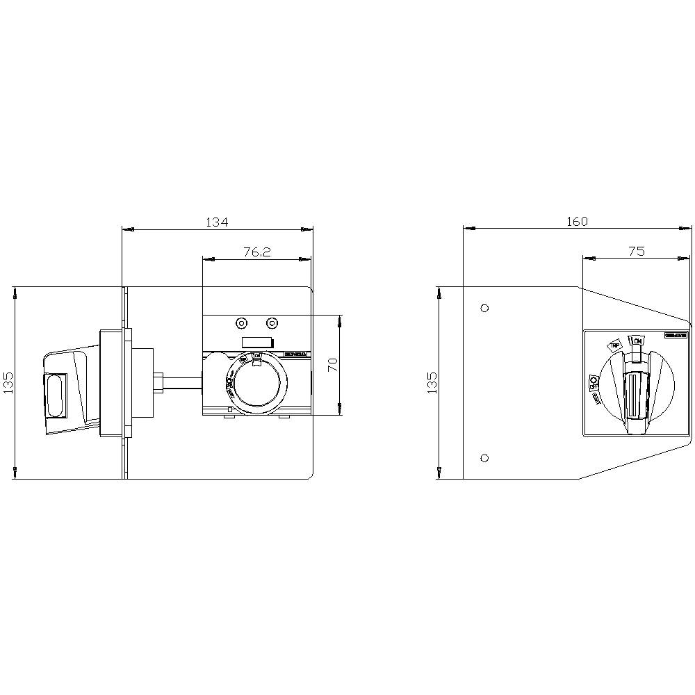 Dessin technique d'un interrupteur avec dimensions : 134 mm de largeur et 76,2 mm de hauteur. Vue de face et de côté.