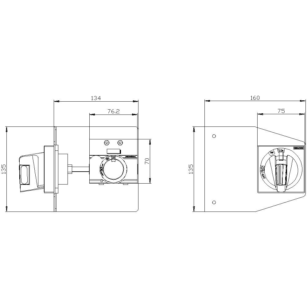 Dessin technique d'un interrupteur électrique avec vue latérale et vue de face. Dimensions : 134 mm de largeur, 195 mm de hauteur.