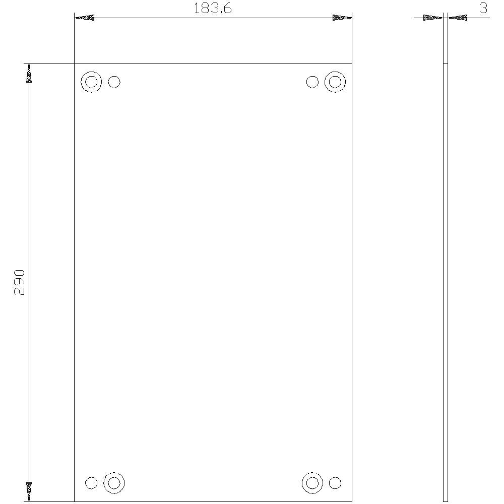 Dessin technique d'un composant rectangulaire avec les dimensions 183,6 mm x 290 mm et une épaisseur de 3 mm. Perçages aux coins.