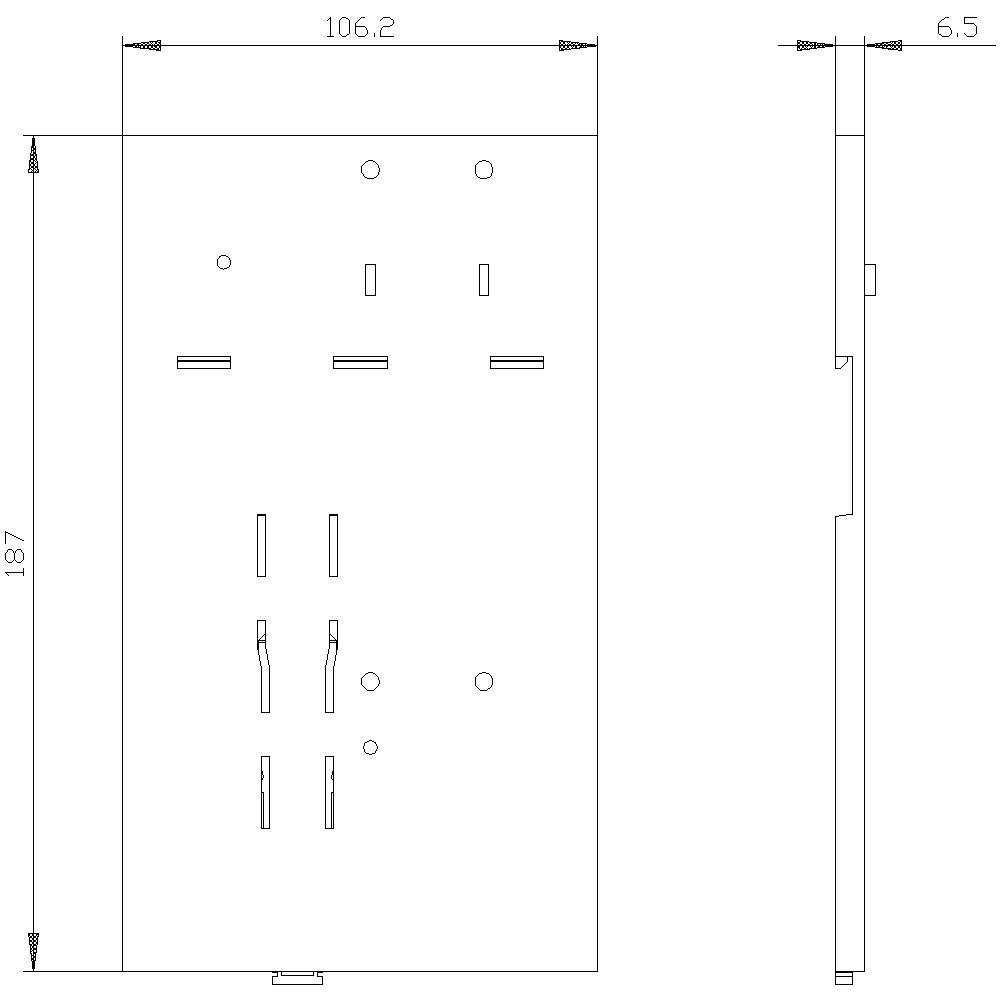 Dessin technique d'une tôle rectangulaire aux dimensions : 187 mm x 106,2 mm x 6,5 mm. Perçages et évidements visibles.