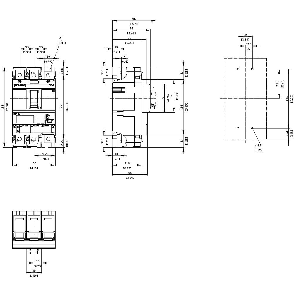 Dessin d'un fusil dans différentes vues avec dimensions. Présente les vues de face, de côté et de dessus avec des mesures détaillées.