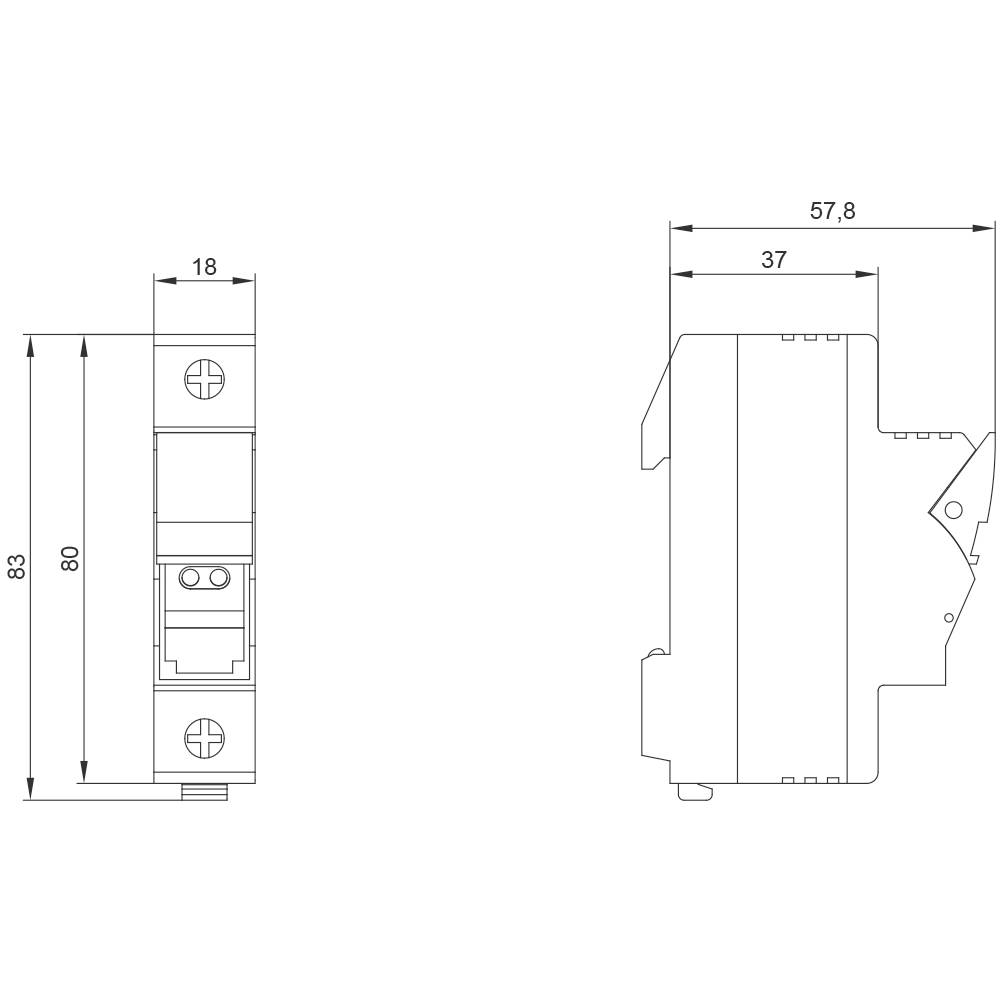 Dessin technique d'un composant électrique avec dimensions. Vue de face indiquant une hauteur de 83 mm, une largeur de 18 mm et une profondeur de 57,8 mm.