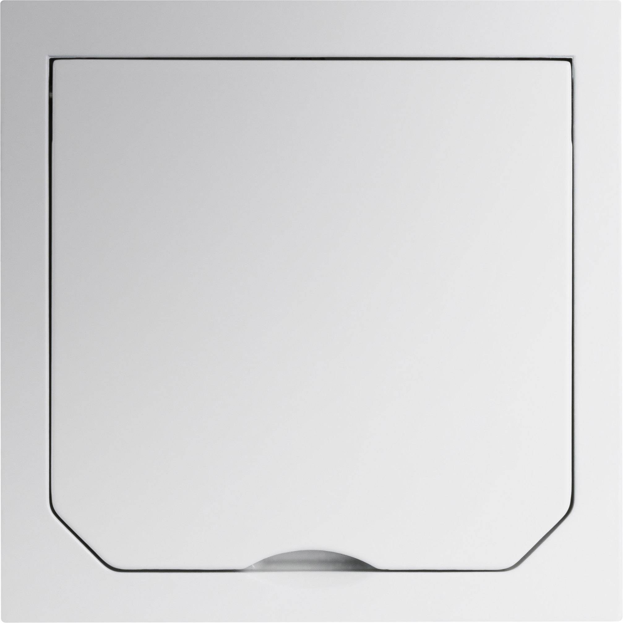 Prise électrique blanche avec couvercle en position fermée.