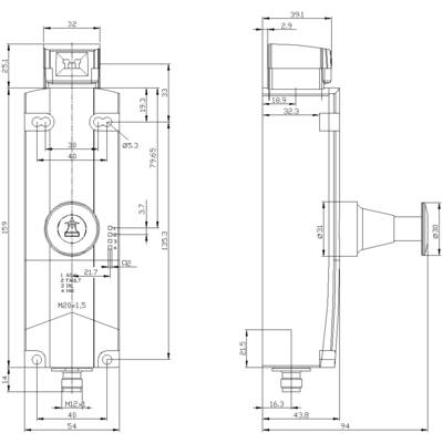 Dessin technique d'un composant mécanique avec vue de face et vue latérale, dimensions en millimètres et différents perçages.