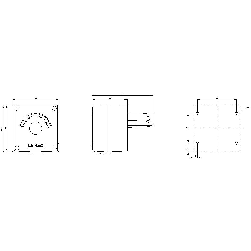 Dessin technique d'un dispositif carré avec vue latérale, vue de dessus et vue en coupe. Indique les dimensions et les points de fixation.