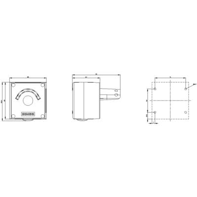 Dessin technique d'un dispositif carré avec vue latérale, vue de dessus et vue en coupe. Indique les dimensions et les points de fixation.