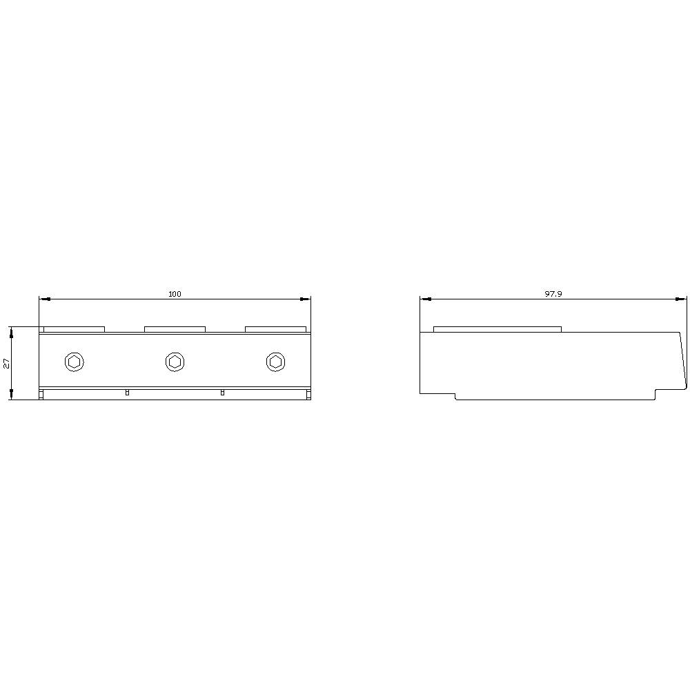 Dessin technique d'un composant avec dimensions : longueur 100 mm, largeur 57 mm, hauteur 9 mm, et trois perçages en bas.