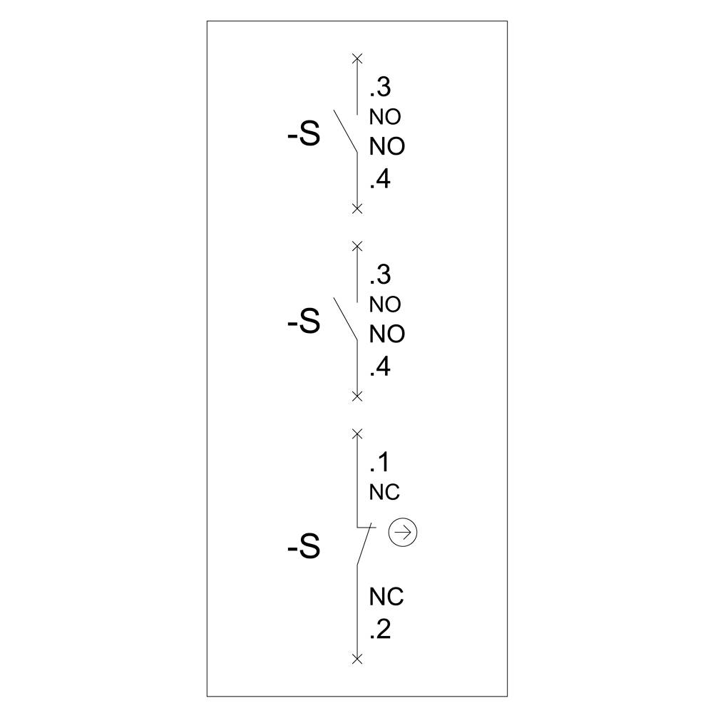 Le diagramme montre trois lignes verticales, chacune avec des marquages tels que "NO" et "NC", ainsi que des nombres représentant `0.3`, `0.4`, `0.1`, `0.2`.