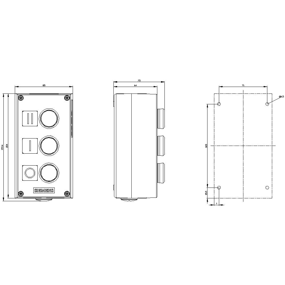 Dessin technique d'un boîtier rectangulaire avec trois ouvertures circulaires et un interrupteur carré. Dimensions et vues latérales représentées.