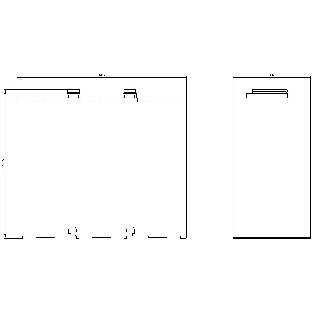 Dessin technique d'une pièce rectangulaire avec deux vues. Dimensions : 145 mm de longueur, 157,6 mm de hauteur, 56 mm de largeur.