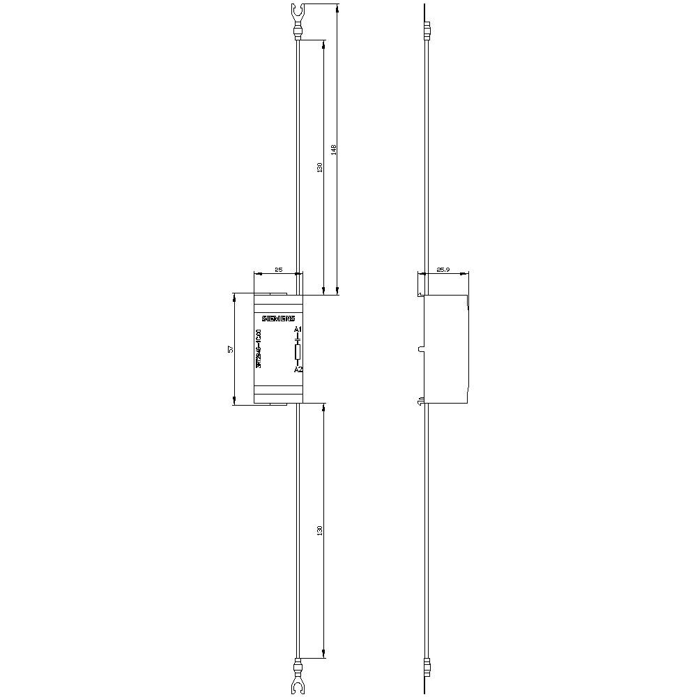 Dessin technique d'un composant électrique avec des dimensions précises et deux vues. Vue de face à gauche, vue de côté à droite.