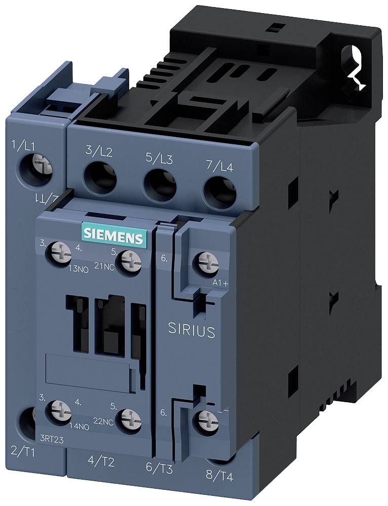 Un contacteur électrique Siemens, modèle Sirius, avec bornes de raccordement pour circuits de commande et de puissance.