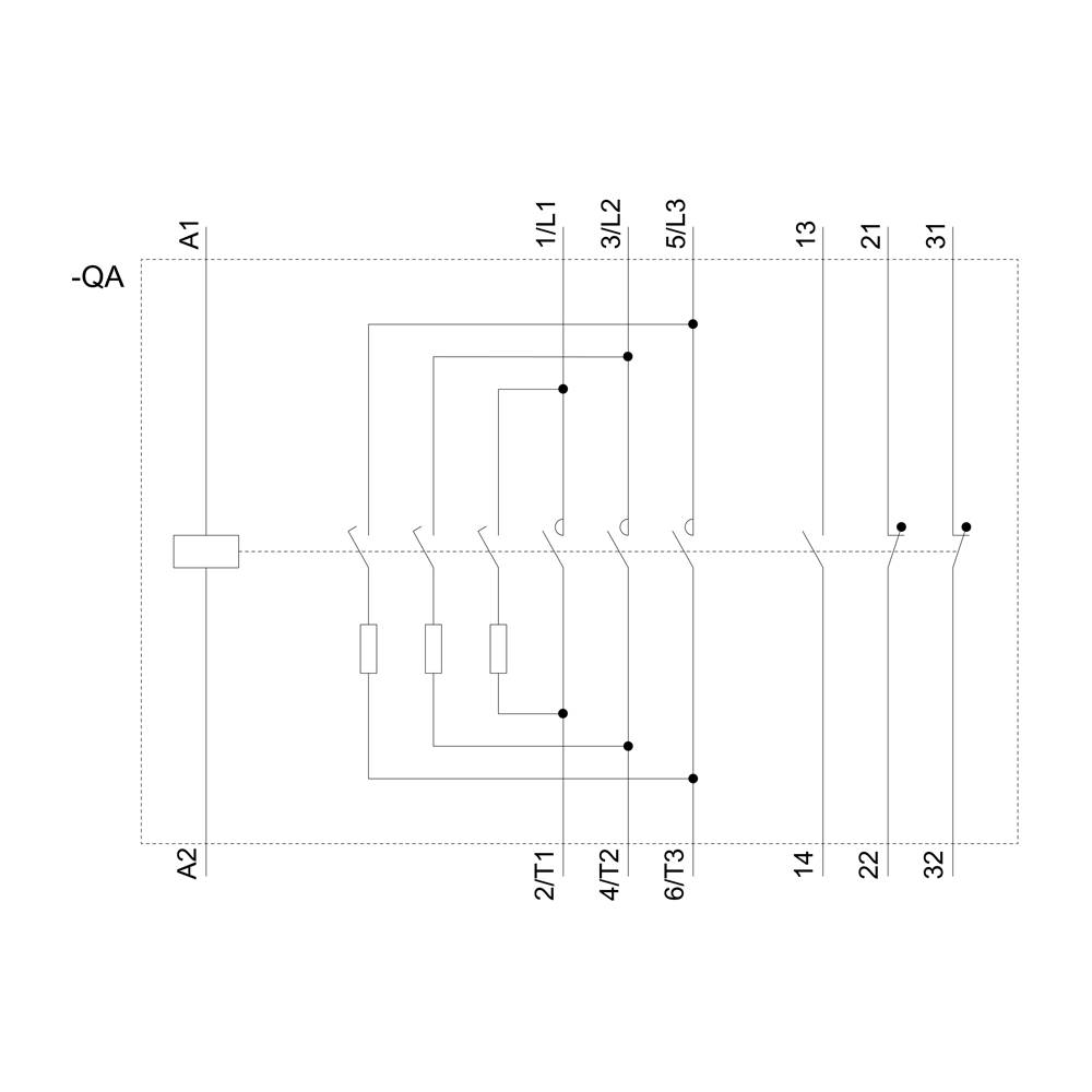 Le schéma de câblage montre la connexion électrique avec un relais et des contacts, identifiés par A1, A2, QA, L1, L2, L3, 13-31, 14-32.