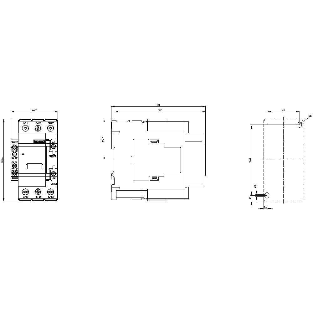 Dessin technique d'un composant électrique avec vue de face, de côté et de dessus. Dimensions et points de connexion sont indiqués.