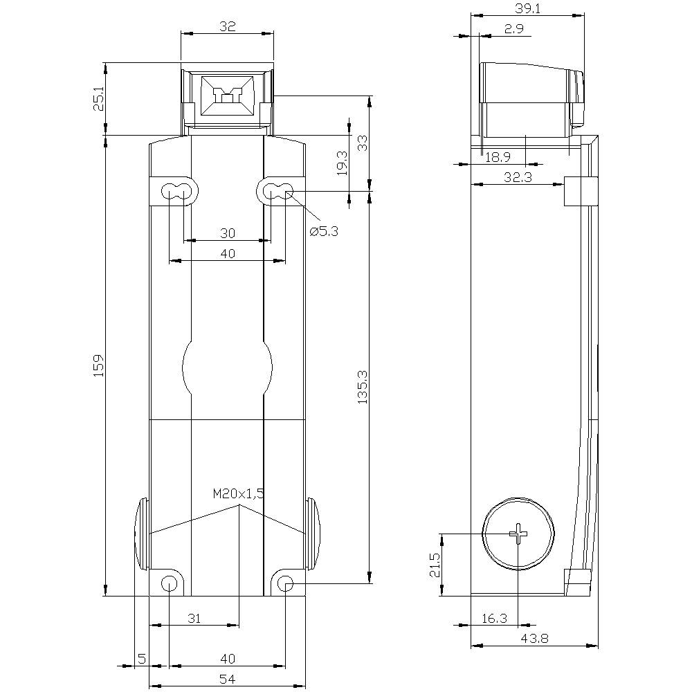 Dessin technique d'un composant avec des cotes en millimètres. Vue de face et vue latérale ; indications relatives à la hauteur, à la largeur et à la taille du filetage.