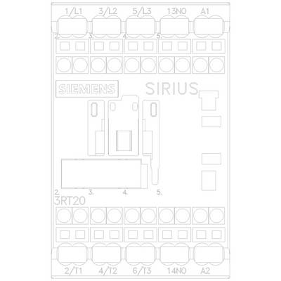 'Schéma de câblage d'un contacteur Siemens SIRIUS 3RT20 avec bornes : 1/L1, 3/L2, 5/L3, 13NO, A1, 2/T1, 4/T2, 6/T3, 14NO, A2.'