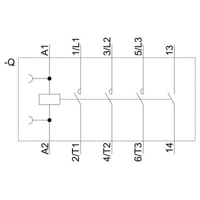 Schéma de circuit d'un interrupteur électromagnétique avec bobine et trois contacts de commutation. Annotations : A1, A2, 1/L1, 3/L2, 5/L3, 2/T1, 4/T2, 6/T3, 13, 14.