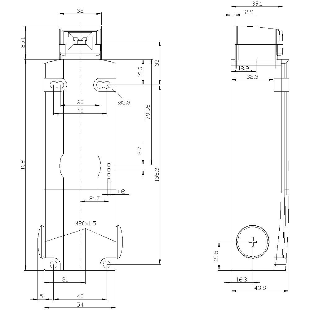 Dessin technique d'un composant avec dimensions en millimètres. Présente une vue de face et une vue de côté avec des détails tels que les points de fixation et la taille de raccordement M20x1,5.