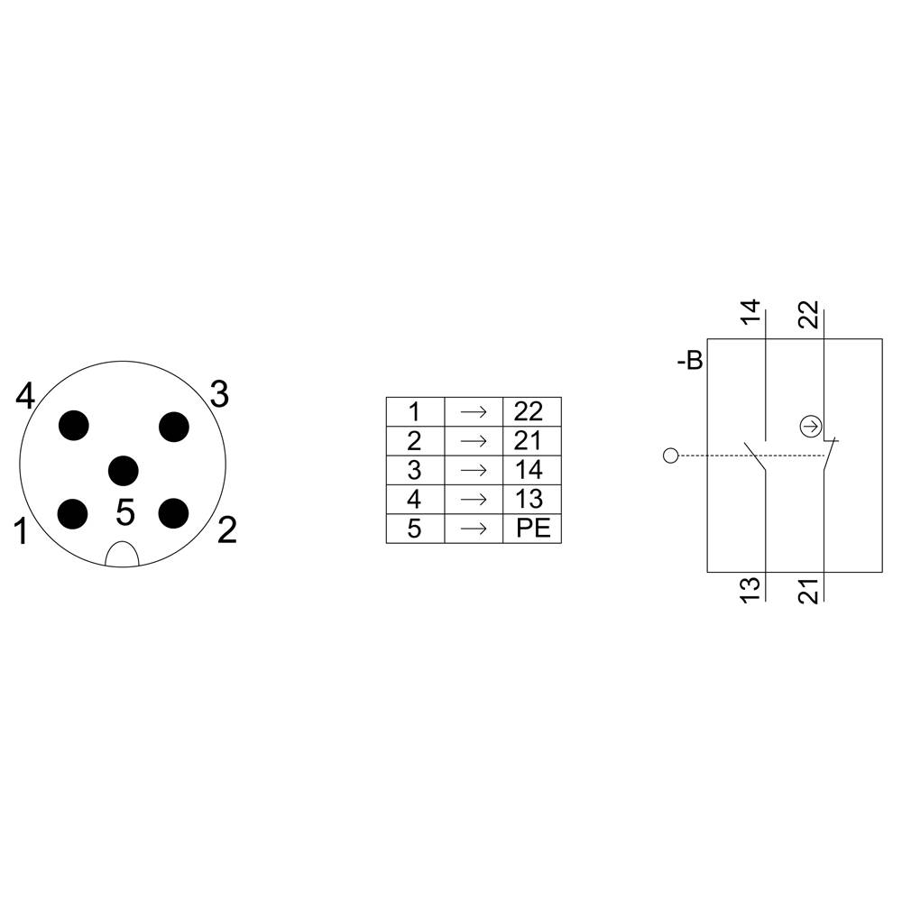 La prise 'Steckdose' indique les connexions de câbles : 1 vers 22, 2 vers 21, 3 vers 14, 4 vers 13, 5 vers PE. Le schéma de câblage illustre les connexions entre les broches.