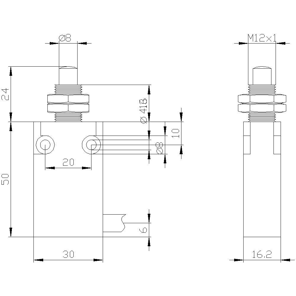 Dessin technique d'un composant cylindrique avec des dimensions latérales et verticales, filetage M12x1 et cylindre central de 16,2 mm de diamètre.