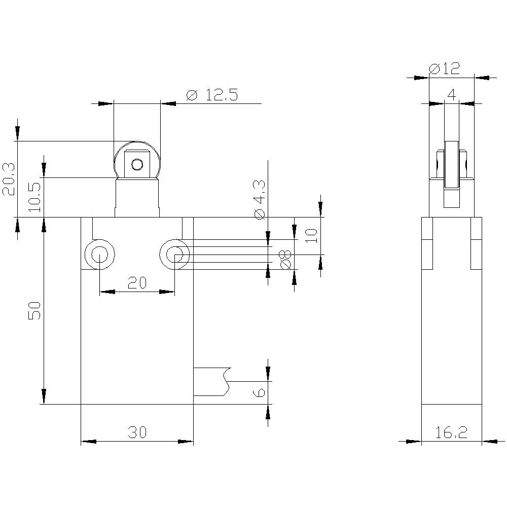 Dessin technique d'un composant mécanique avec des cotes en millimètres, montrant les vues latérale et frontale avec différents diamètres.