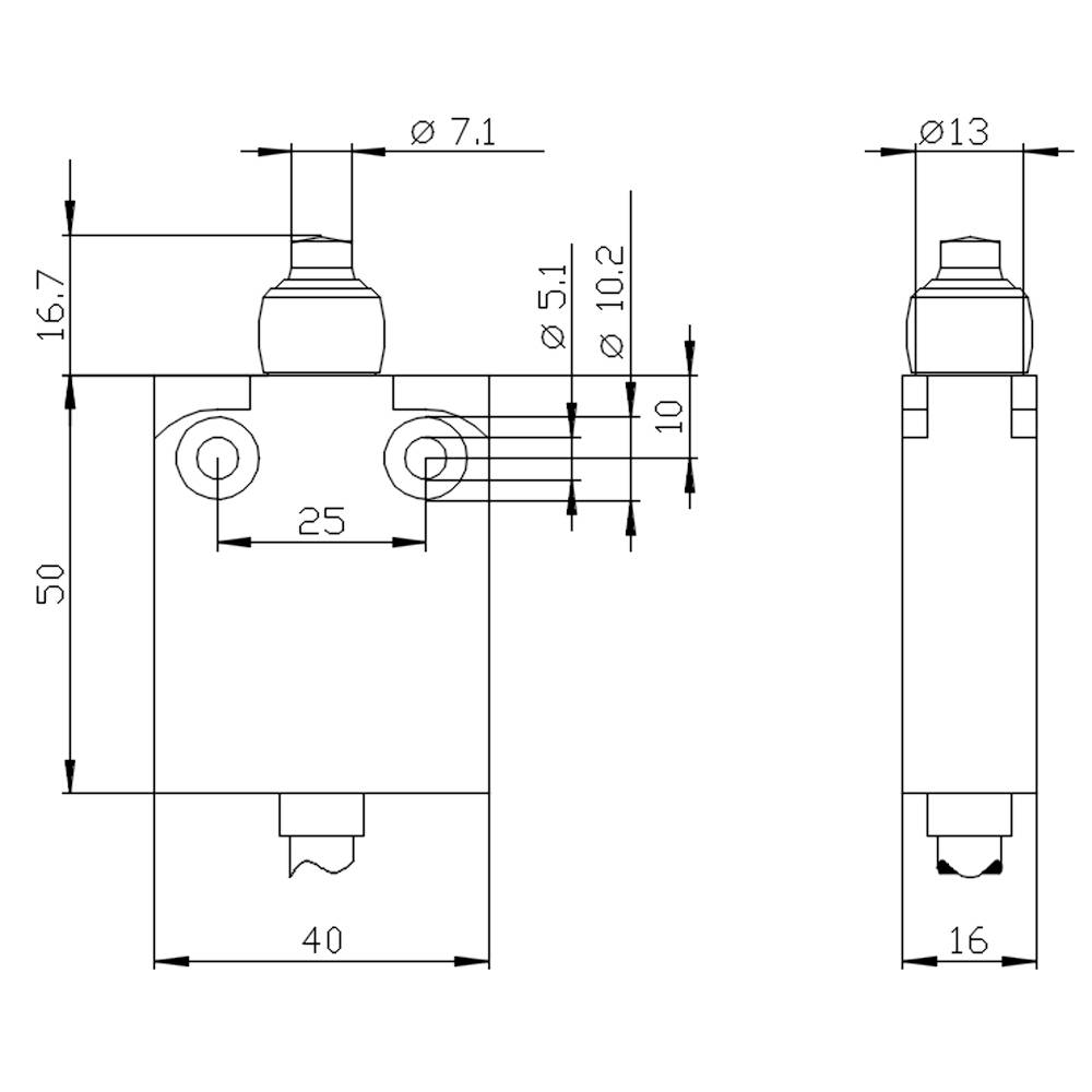 Dessin technique d'un cylindre avec dimensions : hauteur 50, largeur 40. Vue latérale avec indication des diamètres, montrant les positions des vannes.