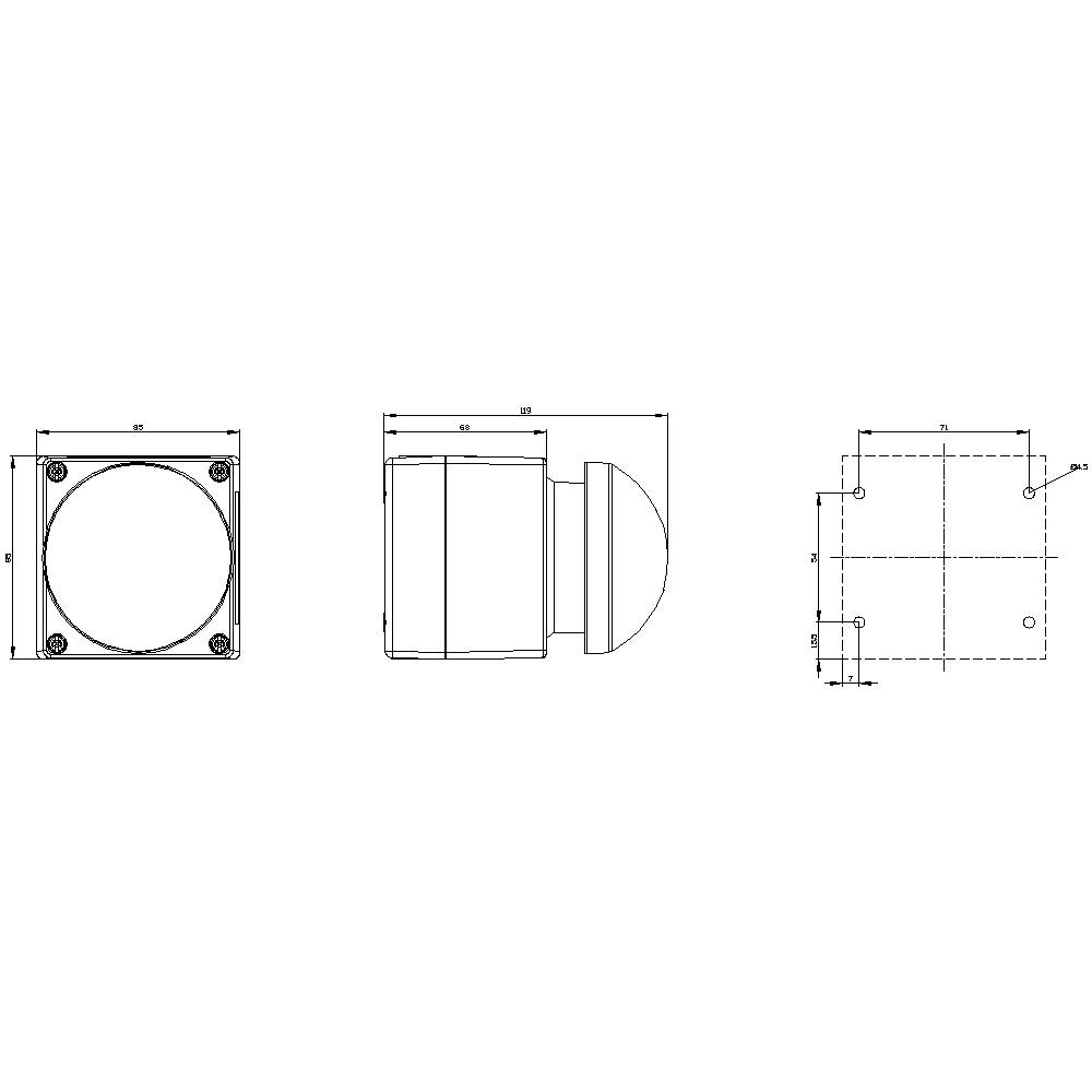 Dessin technique d'un objet cylindrique avec trois vues : vue de face, vue de côté et vue de dessus avec dimensions.