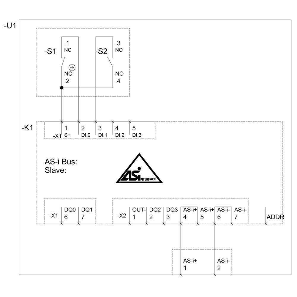 Schéma des symboles de commutation et de connexion pour le module esclave AS-i. Montre les commutateurs S1/S2, la borne K1, et l'adressage avec les points de connexion.