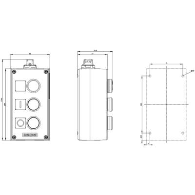 Dessin technique d'un boîtier rectangulaire avec plusieurs ouvertures et dimensions. Vue latérale et vue de face représentées.