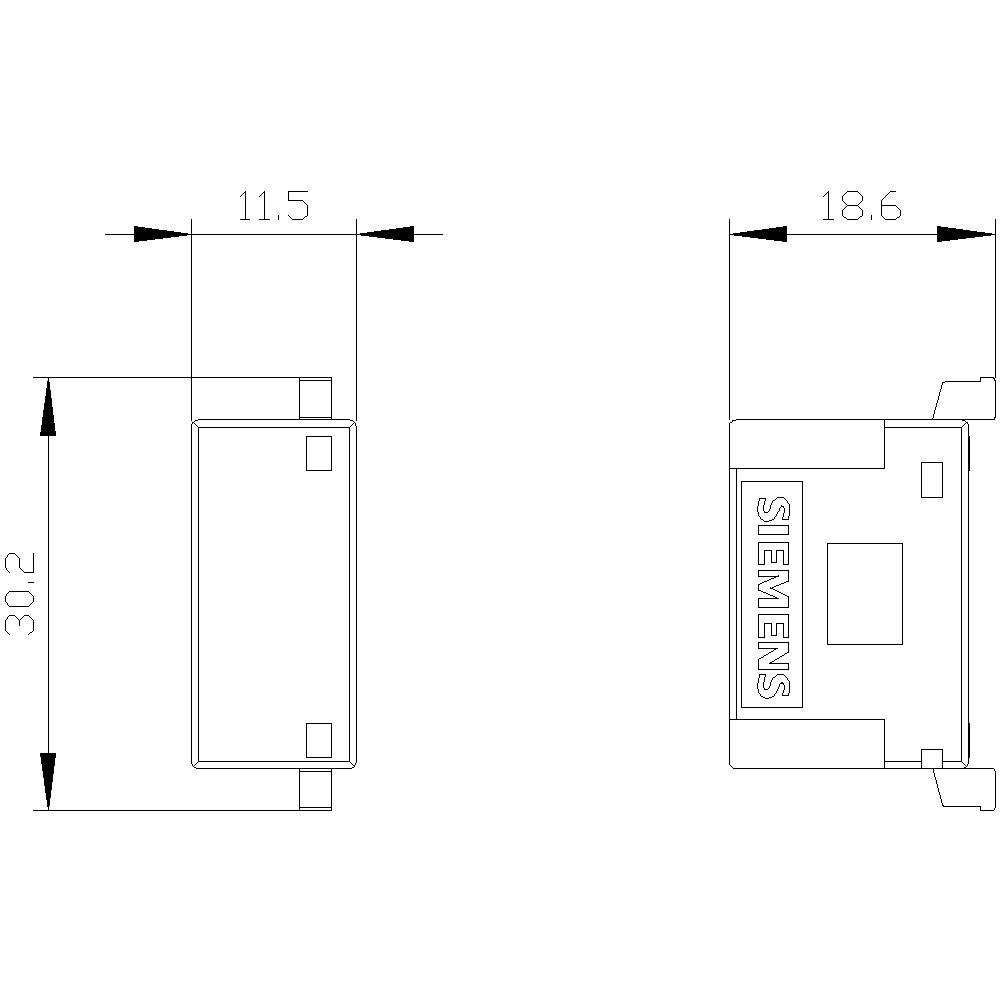 Dessin technique d'un composant rectangulaire de dimensions 11,5 x 30,2 x 18,6 mm, représenté en deux vues, portant l'inscription 'Siemens'.