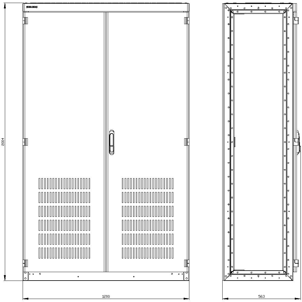 Dessin technique d'un boîtier rectangulaire avec des portes doubles, des fentes de ventilation et les dimensions indiquées : 1800 mm de hauteur, 1210 mm de largeur et 560 mm de profondeur.