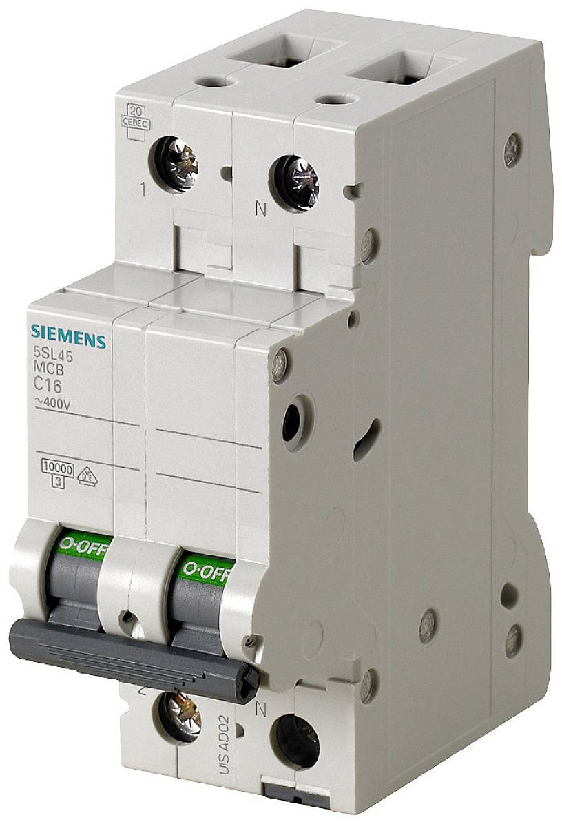 Disjoncteur bipolaire Siemens, modèle 5SL4, adapté pour 400V avec marquage C16, destiné à la protection des circuits électriques.