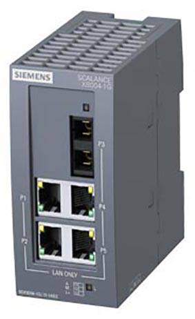Un commutateur réseau gris de la marque Siemens, modèle 'Scalance XB004-1G', doté de plusieurs ports Ethernet pour les connexions LAN.