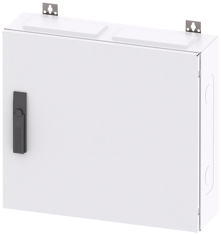 Un placard métallique rectangulaire blanc, équipé de deux clips de fixation en haut et d'une barre de poignée noire sur le côté gauche.