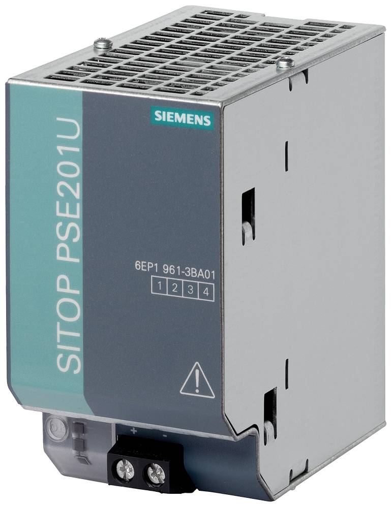 Alimentation électrique industrielle Siemens SITOP PSE201U, boîtier gris, fentes de ventilation en haut, quatre canaux, utilisée pour la distribution et la protection électriques.
