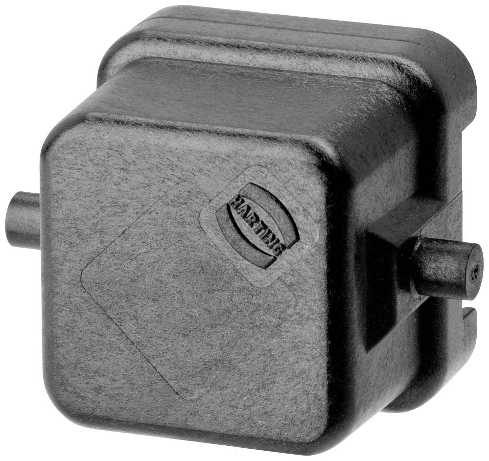 Boîte en plastique noir, carrée, avec de petits raccords sur les côtés et l'inscription 'Warning' sur le dessus. Utilisée pour des applications techniques.