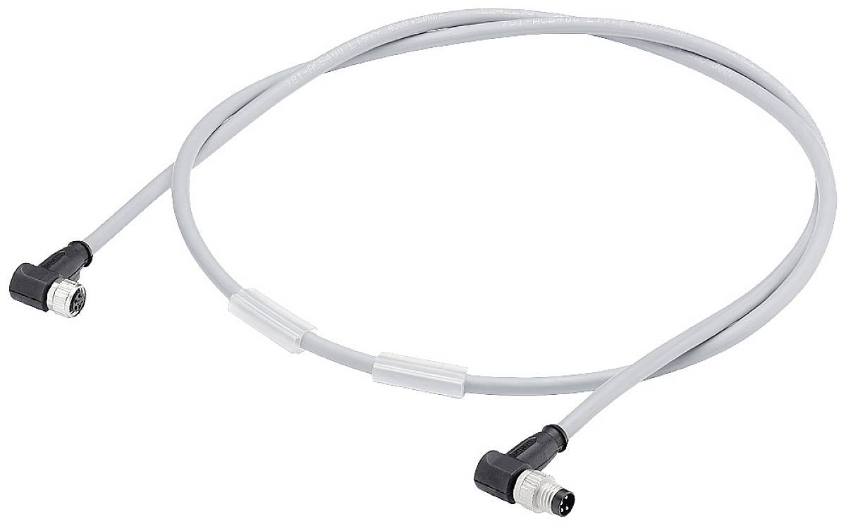 Câble gris, flexible, avec deux connecteurs coudés à ses extrémités, adapté aux connexions industrielles.